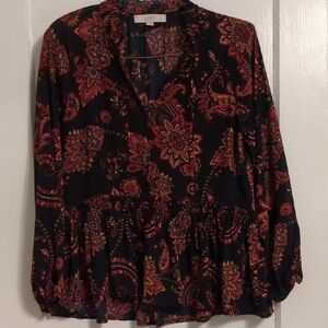 LOFT Women's Paisley Print Top - Navy and Red Medium Peplum